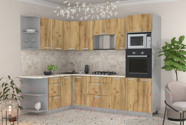 Изображение товара Кухонный гарнитур Интерлиния Мила Лайт 1.68x2.6 левая (дуб золотой/дуб золотой/опал светлый)