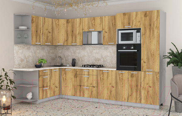 Изображение товара Кухонный гарнитур Интерлиния Мила Лайт 1.68x3.2 левая (дуб золотой/дуб золотой/опал светлый)