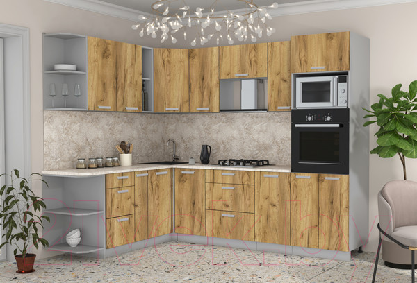 Изображение товара Кухонный гарнитур Интерлиния Мила Лайт 1.88x2.6 левая (дуб золотой/дуб золотой/опал светлый)