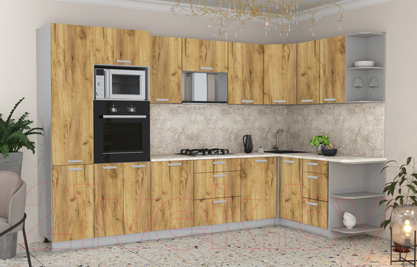 Изображение товара Кухонный гарнитур Интерлиния Мила Лайт 1.68x3.2 правая (дуб золотой/дуб золотой/опал светлый)