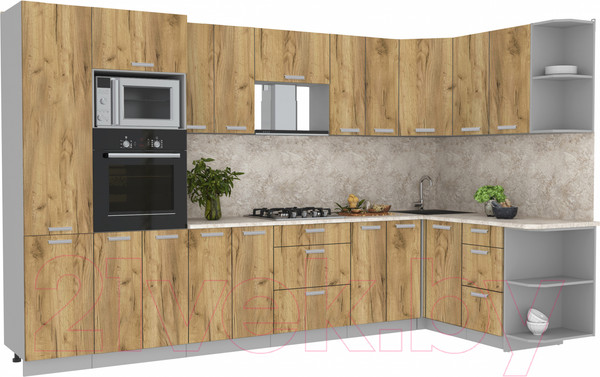 Изображение товара Кухонный гарнитур Интерлиния Мила Лайт 1.68x3.4 правая (дуб золотой/дуб золотой/опал светлый)