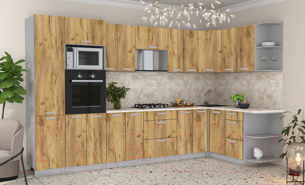 Изображение товара Кухонный гарнитур Интерлиния Мила Лайт 1.68x3.4 правая (дуб золотой/дуб золотой/опал светлый)