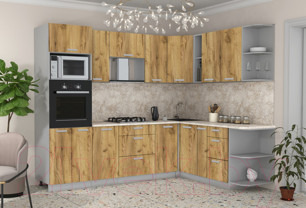 Изображение товара Кухонный гарнитур Интерлиния Мила Лайт 1.88x2.6 правая (дуб золотой/дуб золотой/опал светлый)