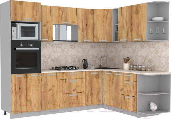 Изображение товара Кухонный гарнитур Интерлиния Мила Лайт 1.88x2.6 правая (дуб золотой/дуб золотой/опал светлый)