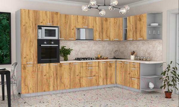 Изображение товара Кухонный гарнитур Интерлиния Мила Лайт 1.88x3.4 правая (дуб золотой/дуб золотой/опал светлый)