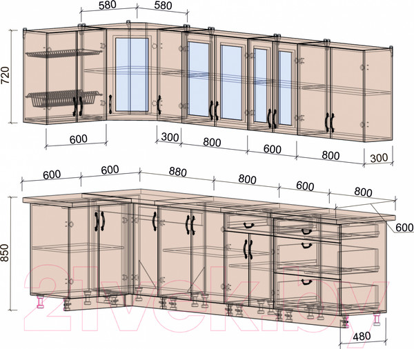 Изображение товара Кухонный гарнитур Интерлиния Мила Крафт 1.2x3.1 (дуб английский/дуб полярный)