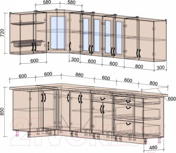 Изображение товара Кухонный гарнитур Интерлиния Мила Крафт 1.2x2.9 (дуб королевский/дуб снежный)