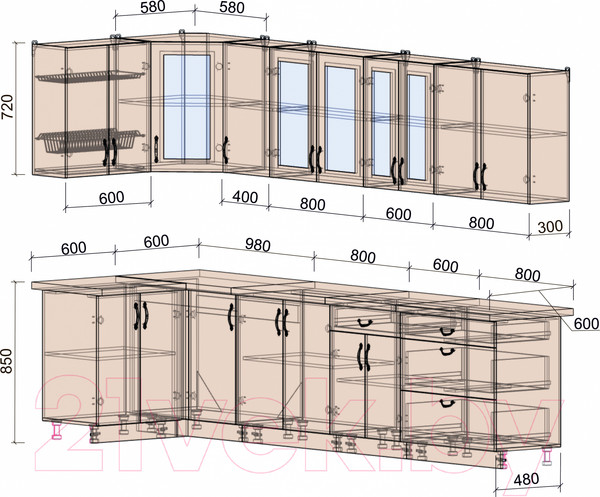 Изображение товара Кухонный гарнитур Интерлиния Мила Крафт 1.2x3.2 (дуб королевский/дуб снежный)