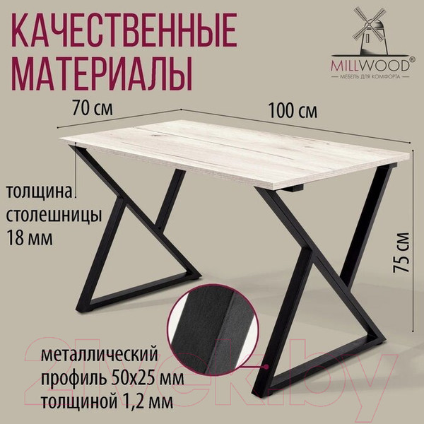 Изображение товара Обеденный стол Millwood Дели Л18 100x70x75 (дуб белый крафт/металл черный)