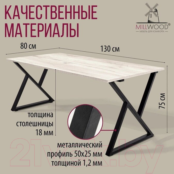 Изображение товара Обеденный стол Millwood Дели Л18 130x80x75 (дуб белый крафт/металл черный)