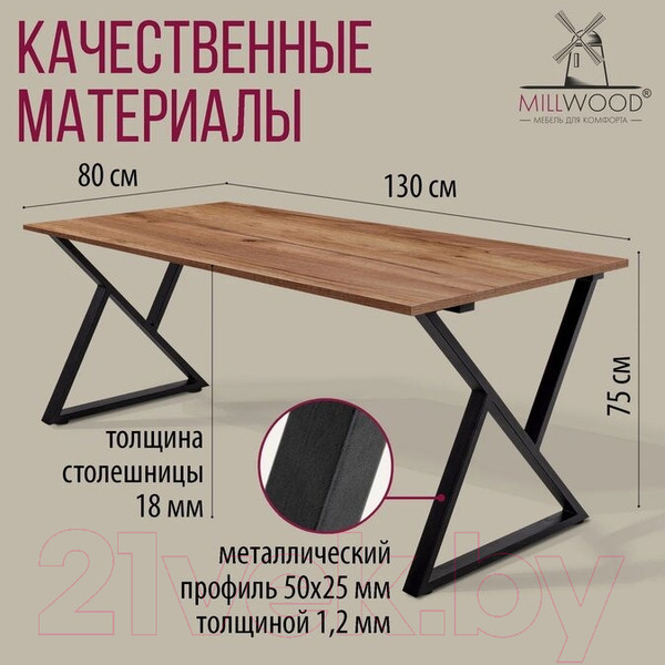 Изображение товара Обеденный стол Millwood Дели Л18 130x80x75 (дуб табачный крафт/металл черный)