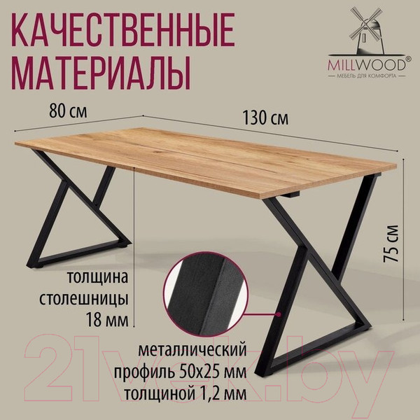 Изображение товара Обеденный стол Millwood Дели Л18 130x80x75 (дуб золотой крафт/металл черный)