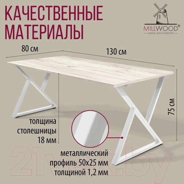Изображение товара Обеденный стол Millwood Дели Л18 130x80x75 (дуб белый крафт/металл белый)