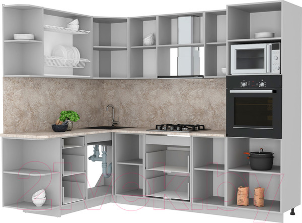 Изображение товара Кухонный гарнитур Интерлиния Мила Лайт 1.68x2.6 левая (дуб белый/дуб серый/опал светлый)