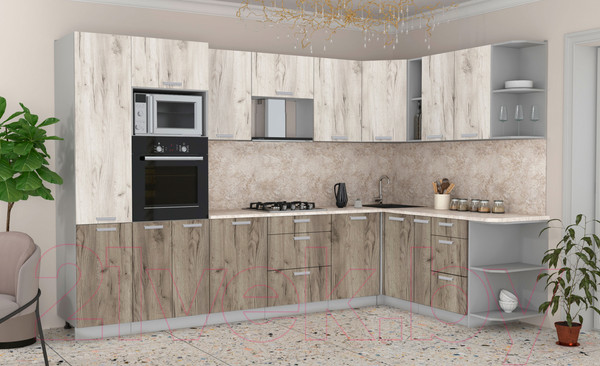 Изображение товара Кухонный гарнитур Интерлиния Мила Лайт 1.88x3.2 правая (дуб белый/дуб серый/опал светлый)