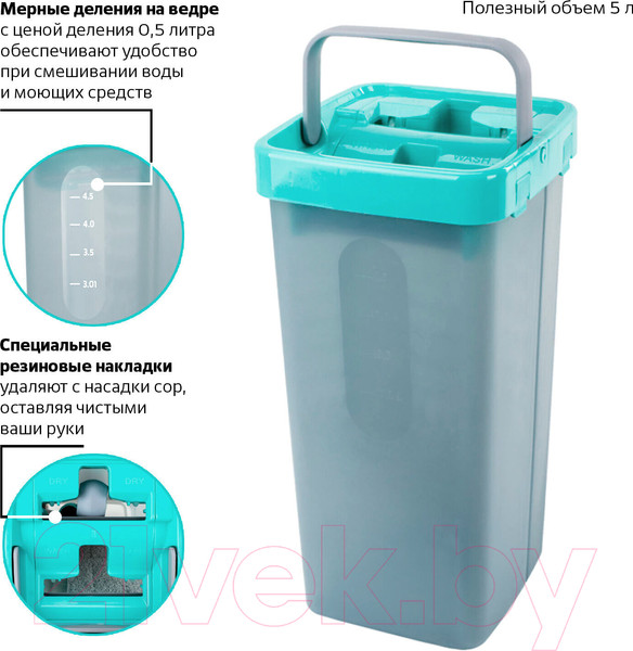 Изображение товара Набор для уборки Laima Compact Mop Швабра с отжимом и двухкамерным ведром 7л / 607389 (3 насадки)