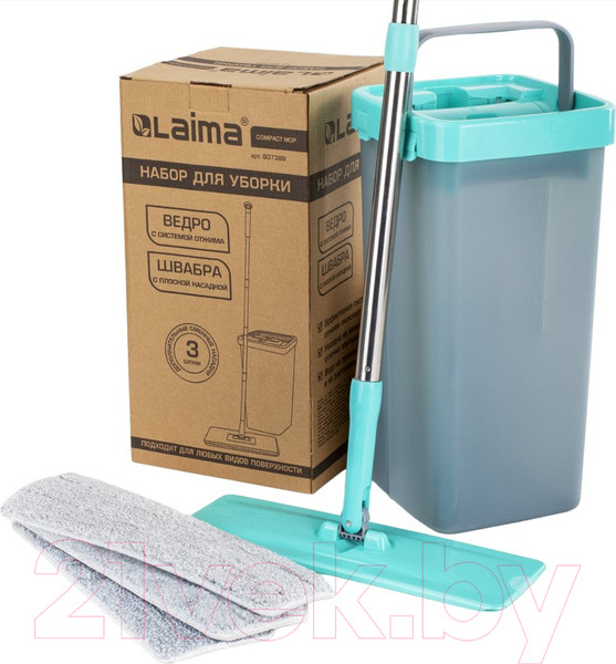 Изображение товара Набор для уборки Laima Compact Mop Швабра с отжимом и двухкамерным ведром 7л / 607389 (3 насадки)