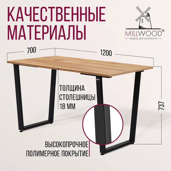 Изображение товара Обеденный стол Millwood Уэльс Л18 120x70 (дуб золотой крафт/металл черный)