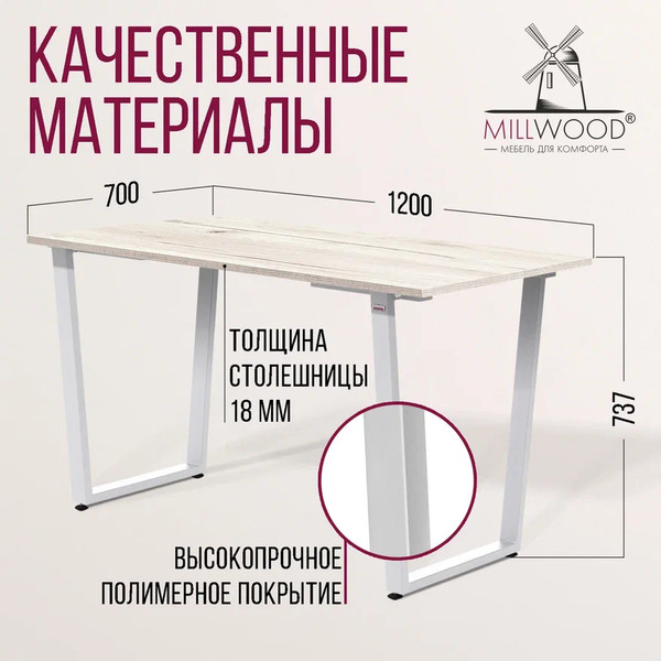 Изображение товара Обеденный стол Millwood Уэльс Л18 120x70 (дуб белый крафт/металл белый)