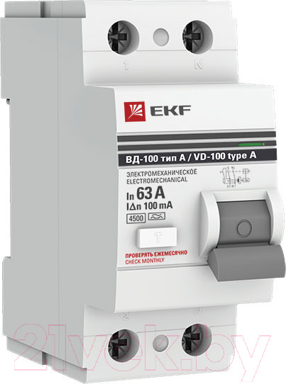 Изображение товара Устройство защитного отключения EKF PROxima ВД-100 2P 63А/100мА / elcb-2-63-100-em-a-pro