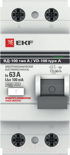 Изображение товара Устройство защитного отключения EKF PROxima ВД-100 2P 63А/100мА / elcb-2-63-100-em-a-pro