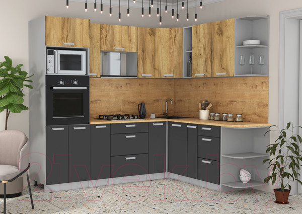 Изображение товара Кухонный гарнитур Интерлиния Мила Лайт 1.88x2.4 правая (дуб золотой/антрацит/дуб бунратти)