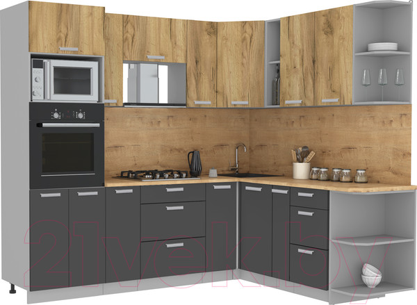 Изображение товара Кухонный гарнитур Интерлиния Мила Лайт 1.88x2.4 правая (дуб золотой/антрацит/дуб бунратти)