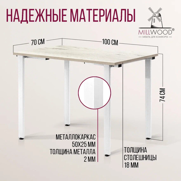 Изображение товара Обеденный стол Millwood Прага Л18 100x70 (дуб белый крафт/металл белый)