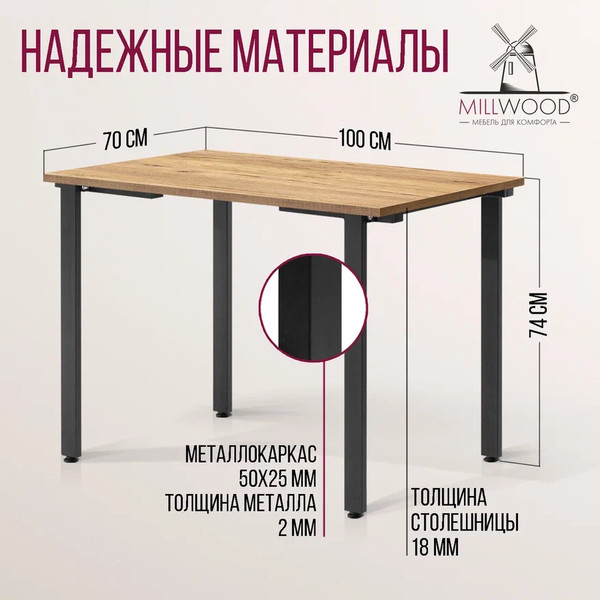 Изображение товара Обеденный стол Millwood Прага Л18 100x70 (дуб золотой крафт/металл черный)