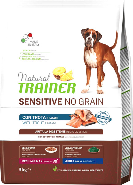 Изображение товара Сухой корм для собак Trainer Natural No Grain для средних и крупных пород, форель (12кг)
