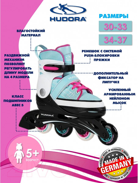 Изображение товара Роликовые коньки Hudora Skates Basic / 37342 (р-р 30-33, мята)