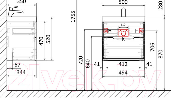 Изображение товара Тумба под умывальник Jorno Moduo Slim 50 / Mod.01.50/P/W