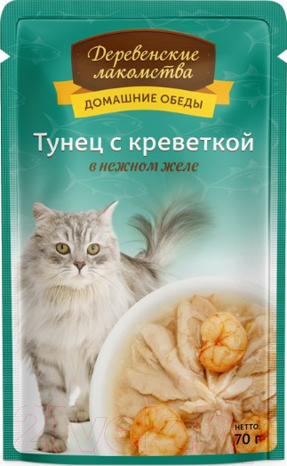 Изображение товара Влажный корм для кошек Деревенские лакомства Тунец с креветкой в нежном желе / 74500585 (70г)