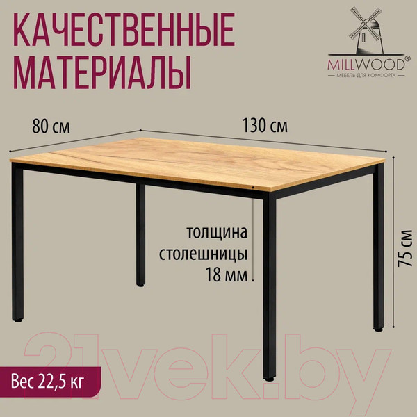 Изображение товара Обеденный стол Millwood Сеул Л 130x80 (дуб золотой крафт/металл черный)