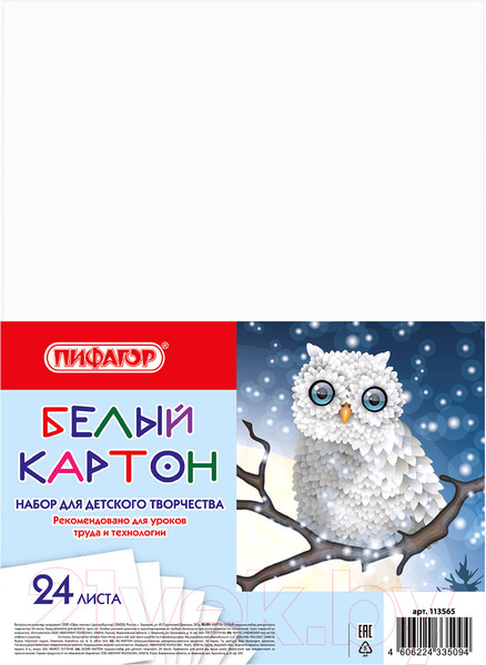 Изображение товара Набор белого картона Пифагор Совушка / 113565 (24л)