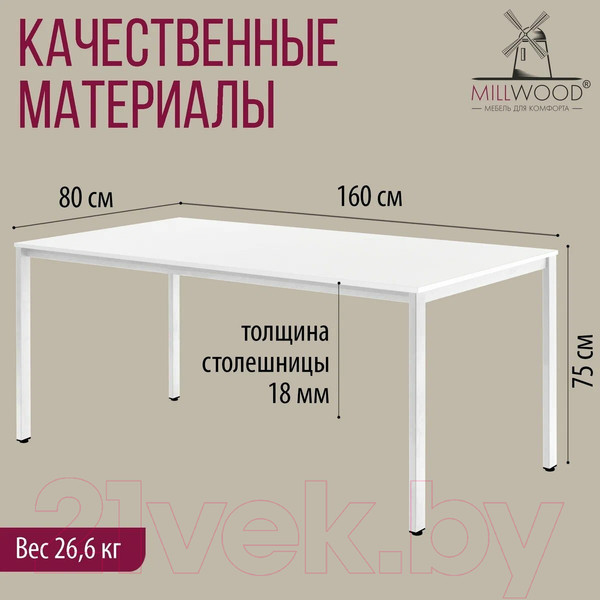 Изображение товара Обеденный стол Millwood Сеул Л 160x80 (белый/металл белый)