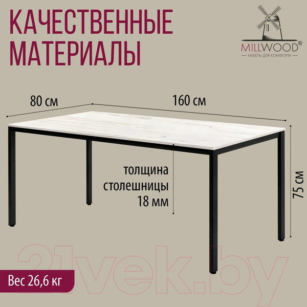 Изображение товара Обеденный стол Millwood Сеул Л 160x80 (дуб белый крафт/металл черный)