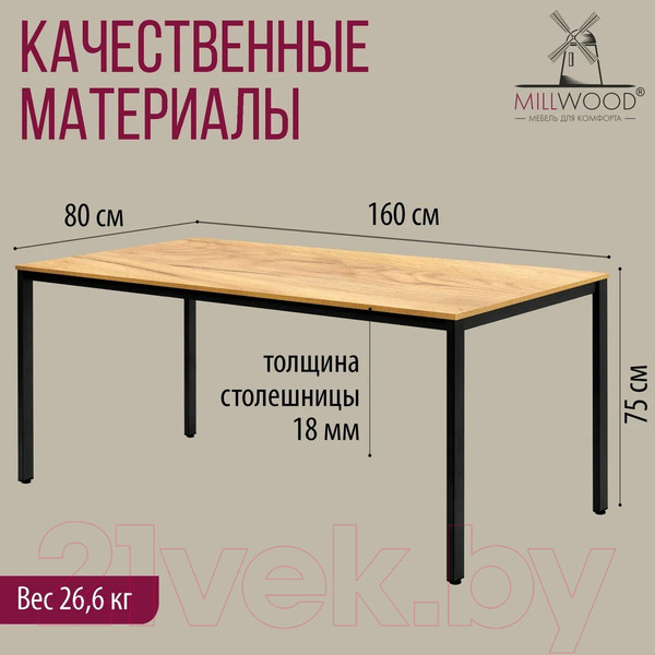 Изображение товара Обеденный стол Millwood Сеул Л 160x80 (дуб золотой крафт/металл черный)
