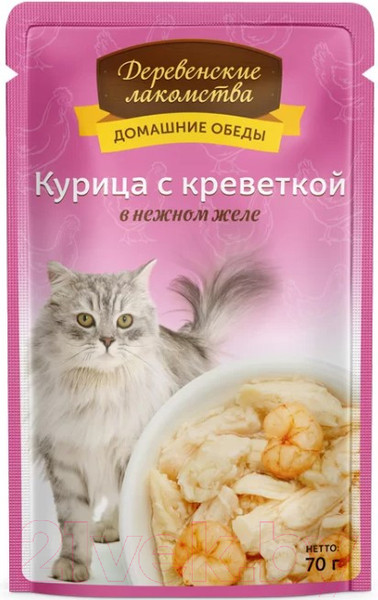 Изображение товара Влажный корм для кошек Деревенские лакомства Домашние обеды курица с креветкой в нежном желе / 74500622 (70г)