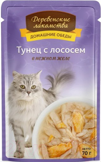 Изображение товара Влажный корм для кошек Деревенские лакомства Домашние обеды тунец с лососем в нежном желе / 74500592 (70г)