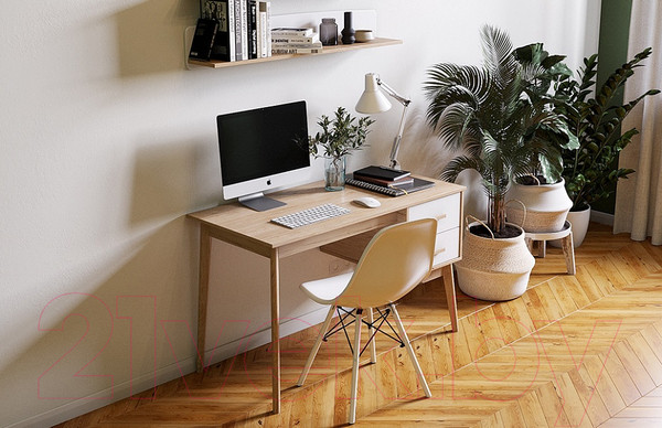 Изображение товара Письменный стол Мебельград Калгари с тумбой (дуб натуральный светлый/белый матовый)