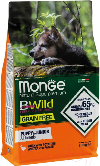 Изображение товара Сухой корм для собак Monge Grain Free Puppy & Junior Duck & Potatoes (2.5кг)