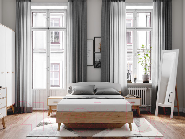 Изображение товара Полуторная кровать Мебельград Калгари 140 (дуб натуральный светлый/белый матовый)