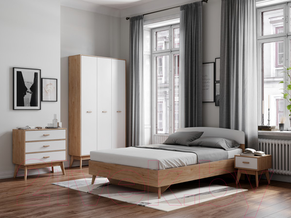 Изображение товара Полуторная кровать Мебельград Калгари 140 (дуб натуральный светлый/белый матовый)