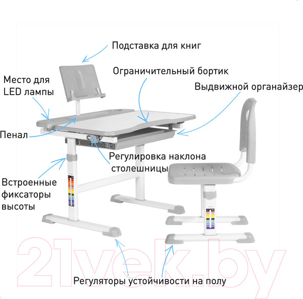 Изображение товара Парта+стул Anatomica Avgusta с ящиком, подставкой и светильником (белый/розовый)