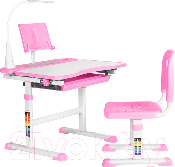 Изображение товара Парта+стул Anatomica Avgusta с ящиком, подставкой и светильником (белый/розовый)