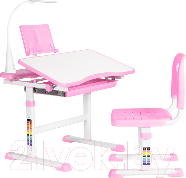 Изображение товара Парта+стул Anatomica Avgusta с ящиком, подставкой и светильником (белый/розовый)