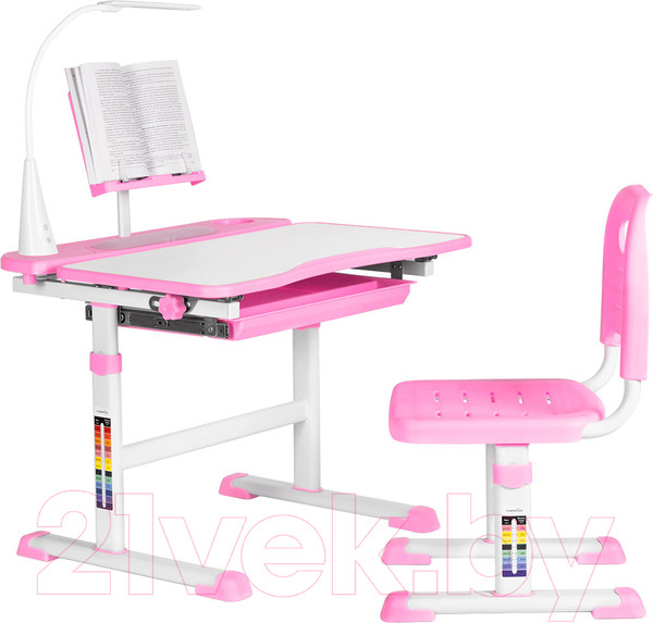 Изображение товара Парта+стул Anatomica Avgusta с ящиком, подставкой и светильником (белый/розовый)