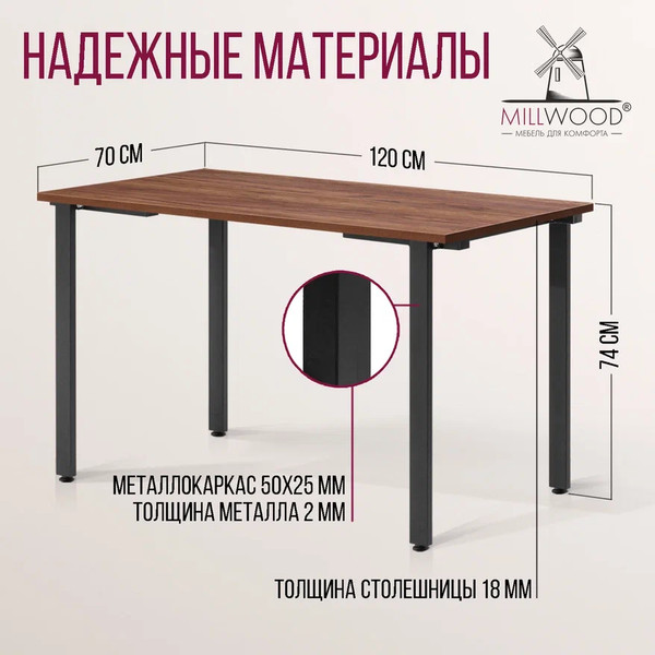 Изображение товара Обеденный стол Millwood Прага Л18 120x70 (дуб табачный крафт/металл черный)