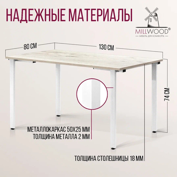 Изображение товара Обеденный стол Millwood Прага Л18 130x80 (дуб белый крафт/металл белый)